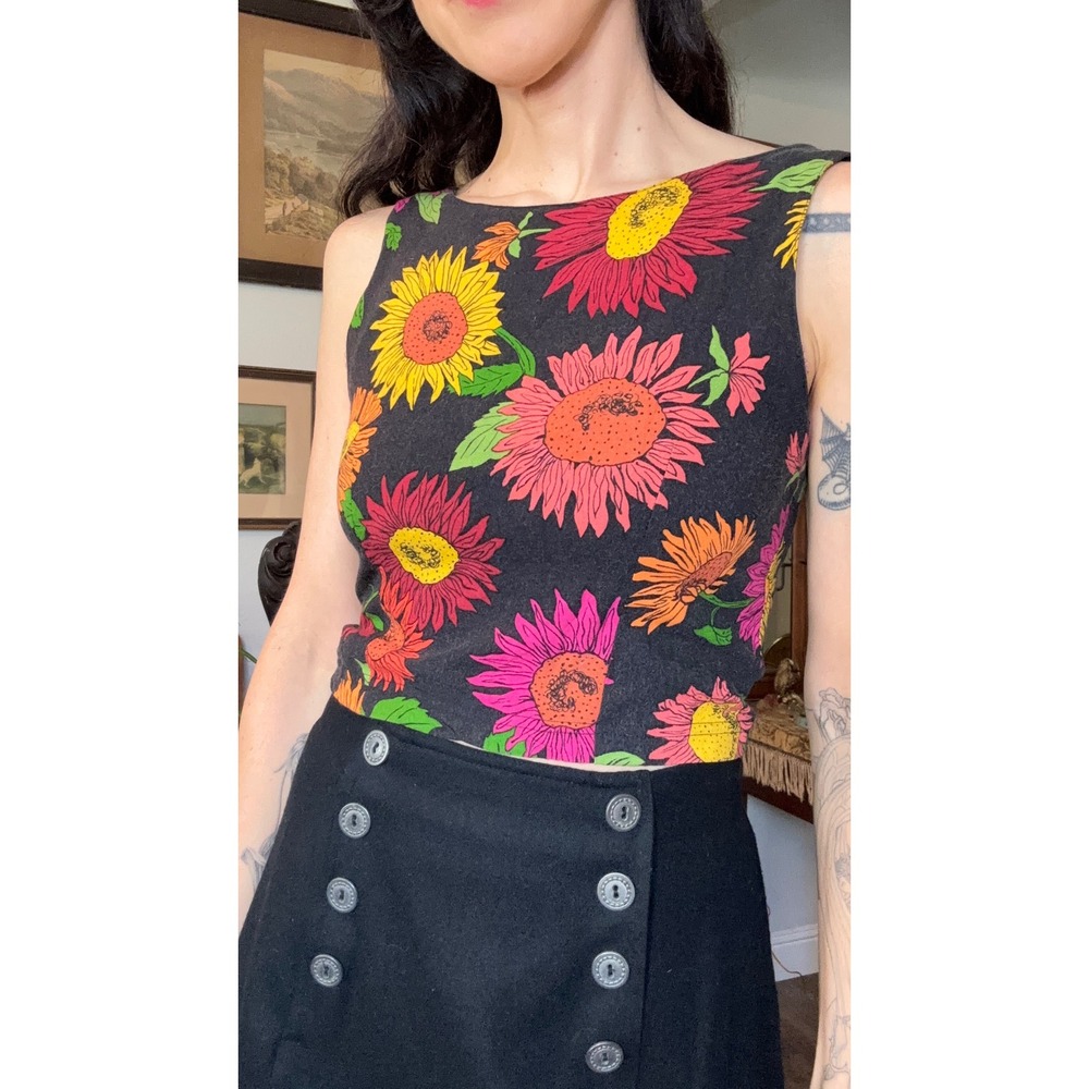 Vintage 90s Betsey Johnson Sunflower Print Crop Top tank Floral Zip back